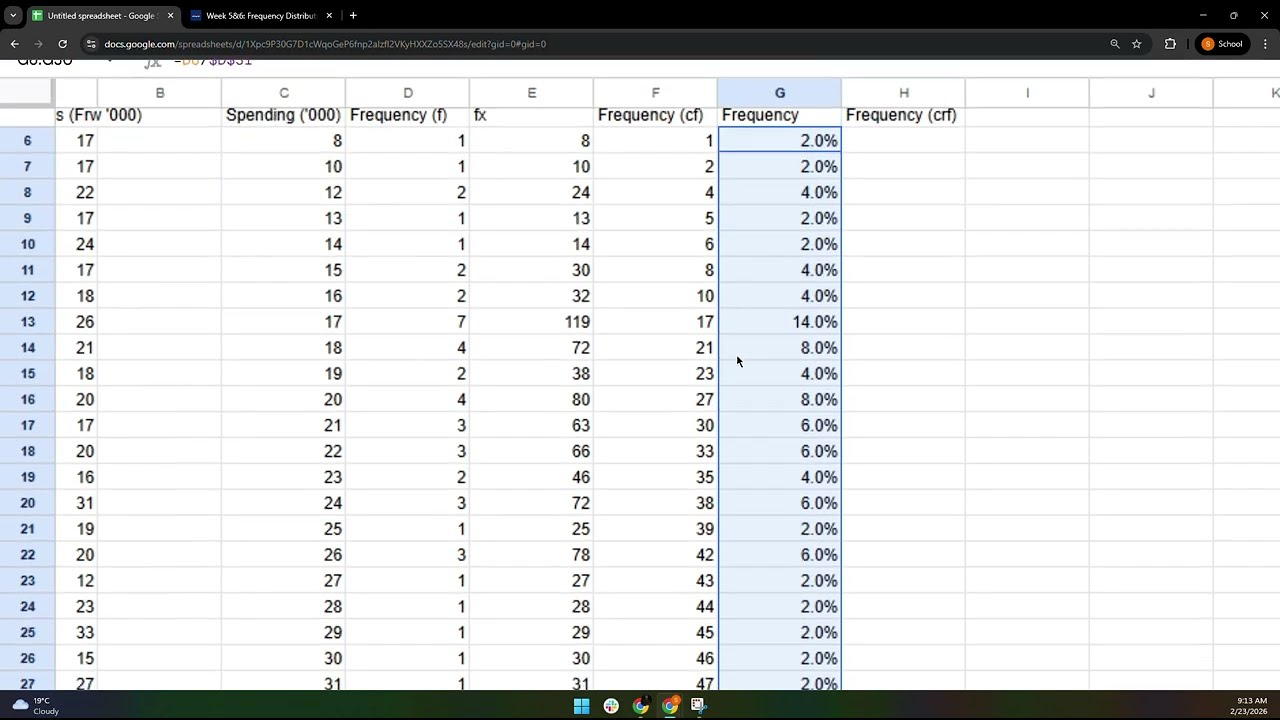 Constructing the frequency distribution Table and computing measures of central tendency