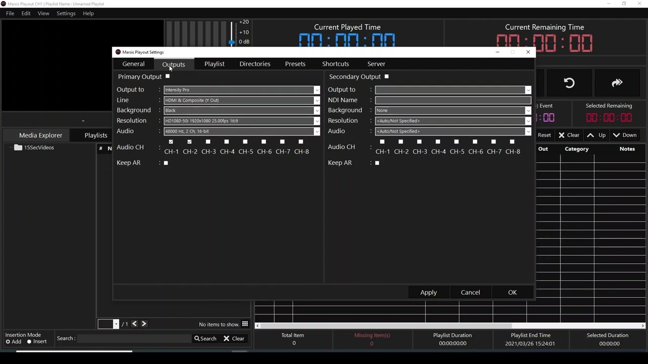 Settings-Outputs-Output Overview