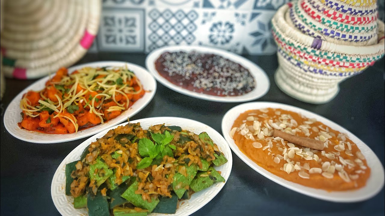4 Salades cuites Marocaines: carottes charmoula- courgettes à la menthe- courge et tomates confites
