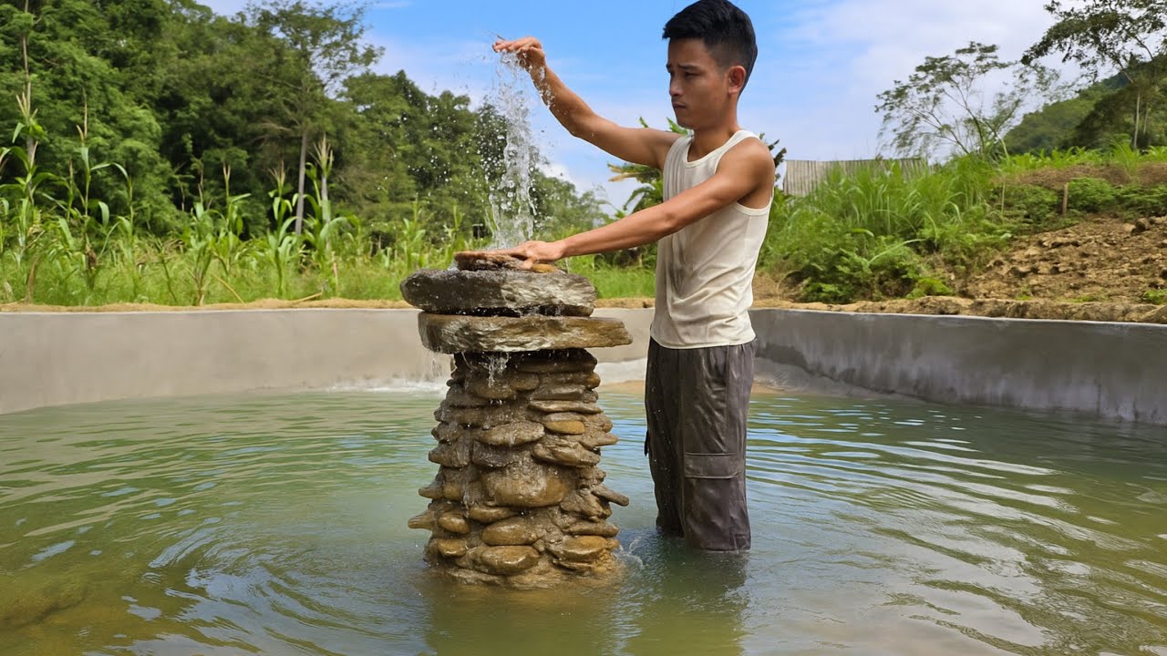 CEO Trieu Phong with Good Construction Skills Built a Beautiful Stone Fountain in The Fish Pond.