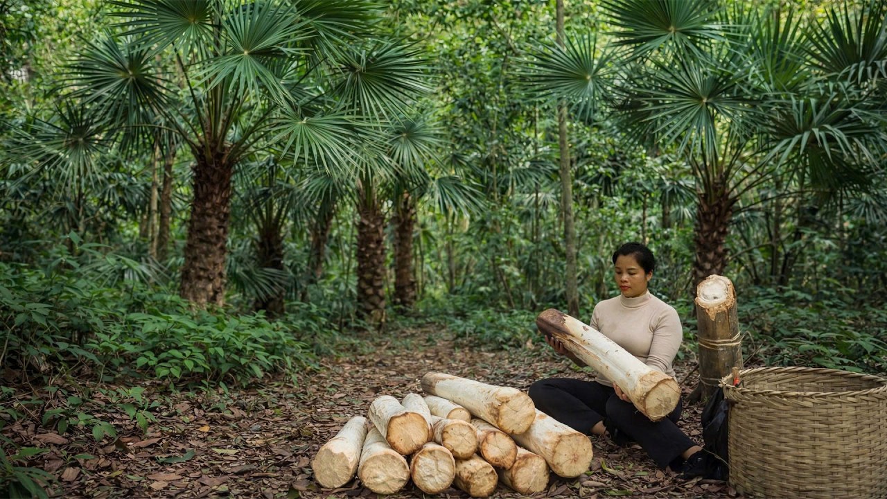 Alone in the wilderness, harvesting wild palm trees to cook with.