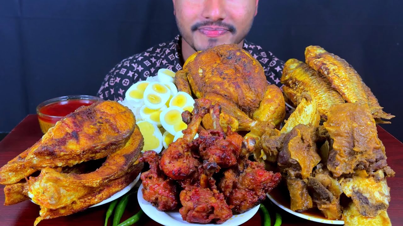 ASMR: spicy Chicken Lolipop, Crispy Fish Fry, Chaap Curry, Whole Chicken with Rice || Eating Videos