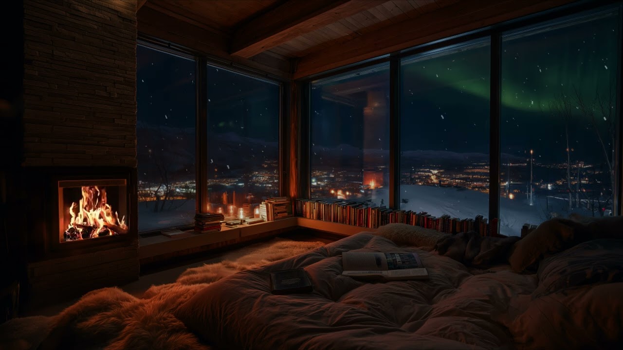 🔥Winter Cabin Fireplace | Gentle Fire Crackling and Snowfall ❄️ Sounds for Deep Sleep & Relaxation