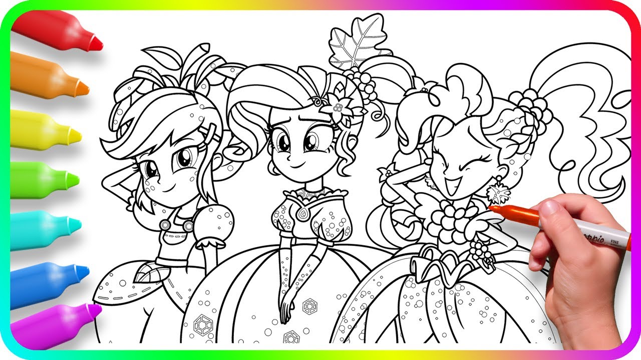 Coloring Pages EQUESTRIA GIRLS costume party. How to draw My Little Pony. Easy Drawing Tutorial Art