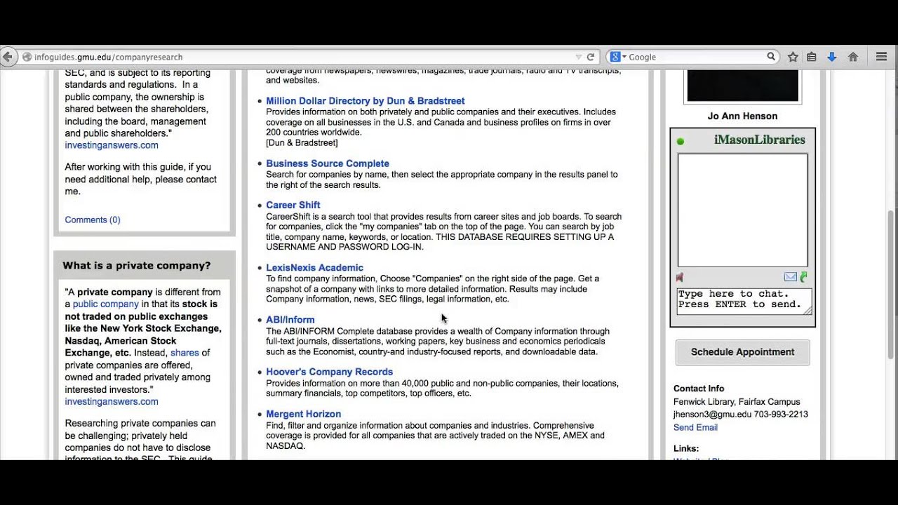 Finding company info using Infoguides in George Mason University Libraries