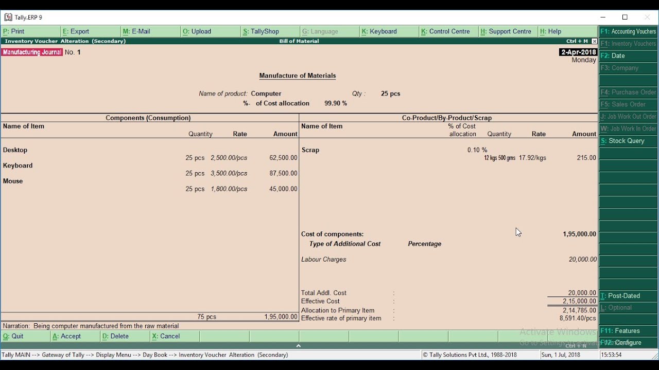 Bill of Material(BOM) with Sales,Purchase & GST Entries in Tally ERP 9