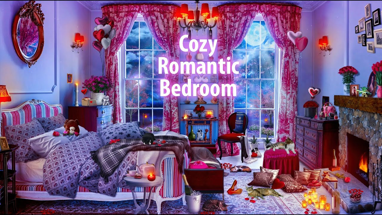 Cozy Romantic Bedroom 💖 ASMR Ambience (crackling fire, crickets, kitties) 💖