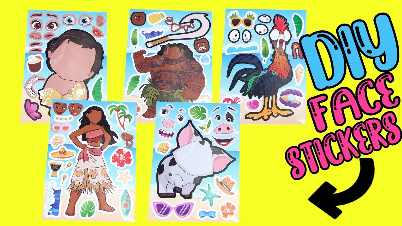 Moana 2 Movie DIY Silly Face Stickers with Maui, Simea, Hei Hei, Pua Dolls