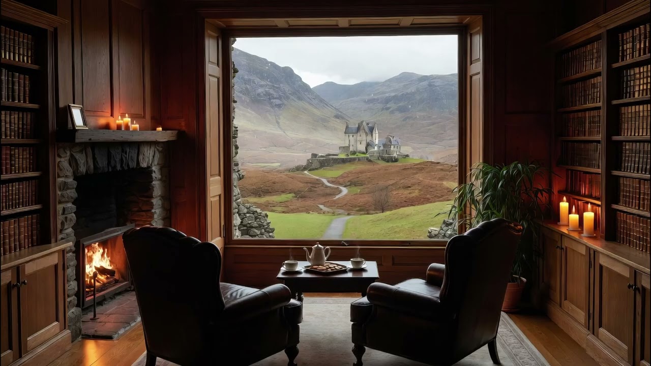 Scottish Library Ambience – Cozy Fireplace & Celtic Music for Reading, Relaxation, and Sleep