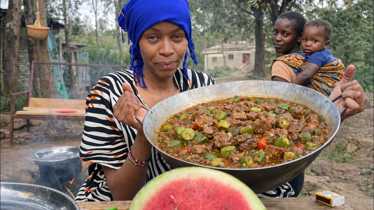African traditional life/Delicious OKRA beef stew with Appetizing corn flour meal