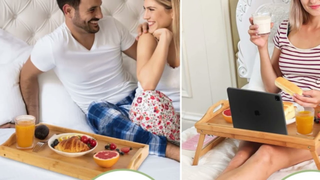 Bed Table Tray with Folding Legs - Bamboo Breakfast Tray with Handles for Bed