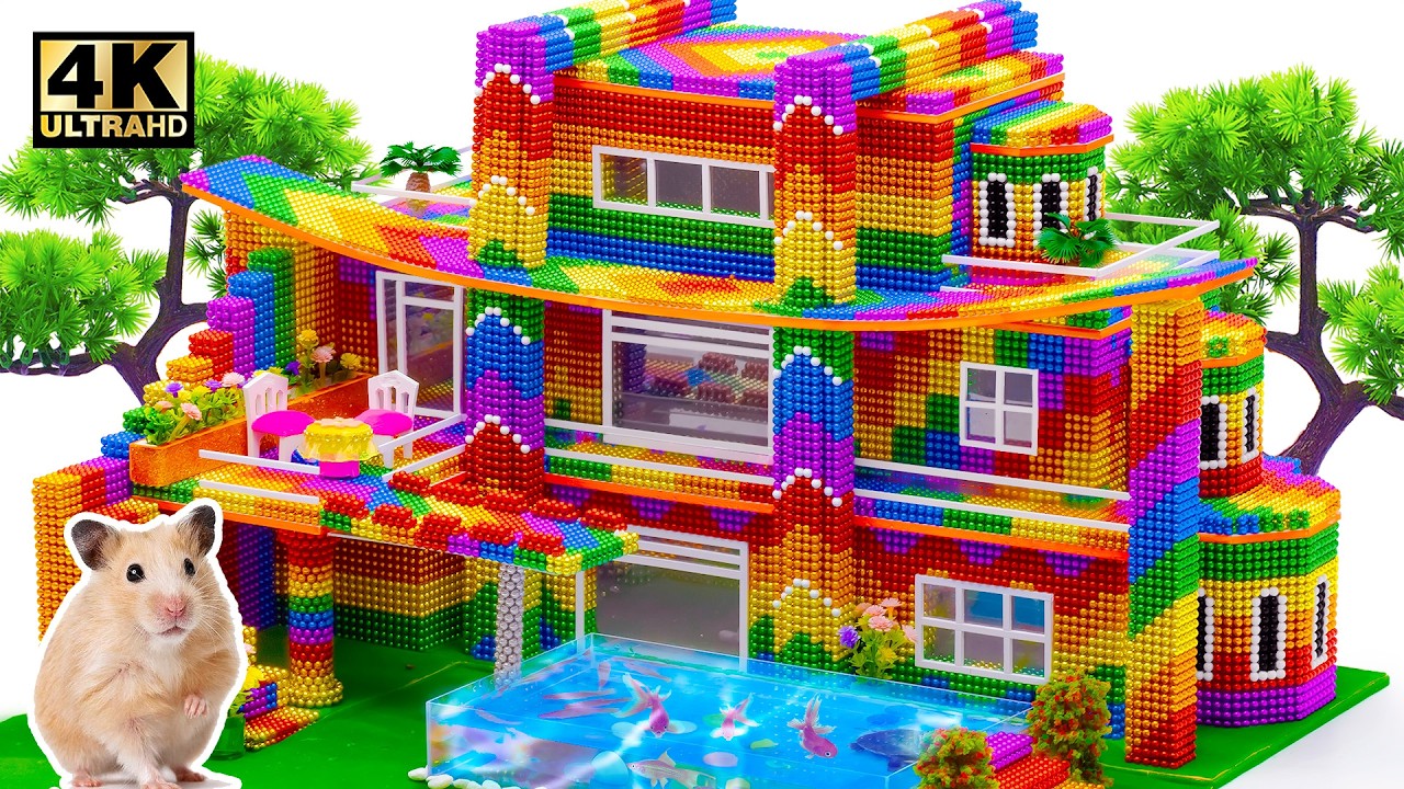 Construction Beautiful Villa Has Swimming Pool With Diving Board For Pets From LEGO, Magnetic Balls