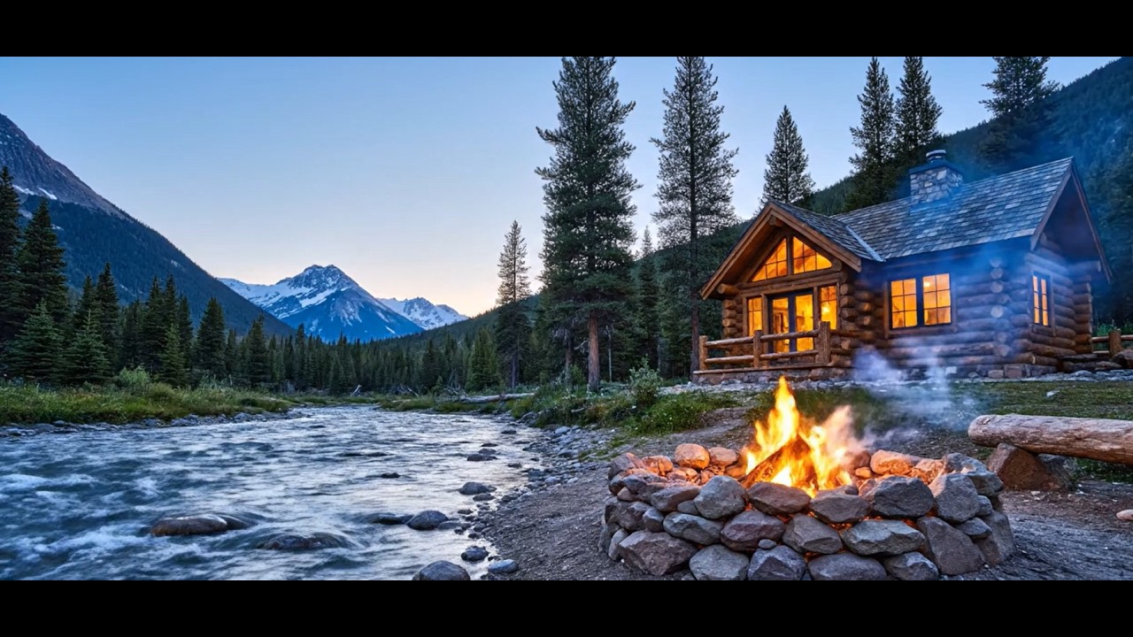 Cozy Mountain Cabin at Dusk 🏔️ Crackling Fire & Flowing River Sounds for Sleep & Relaxation
