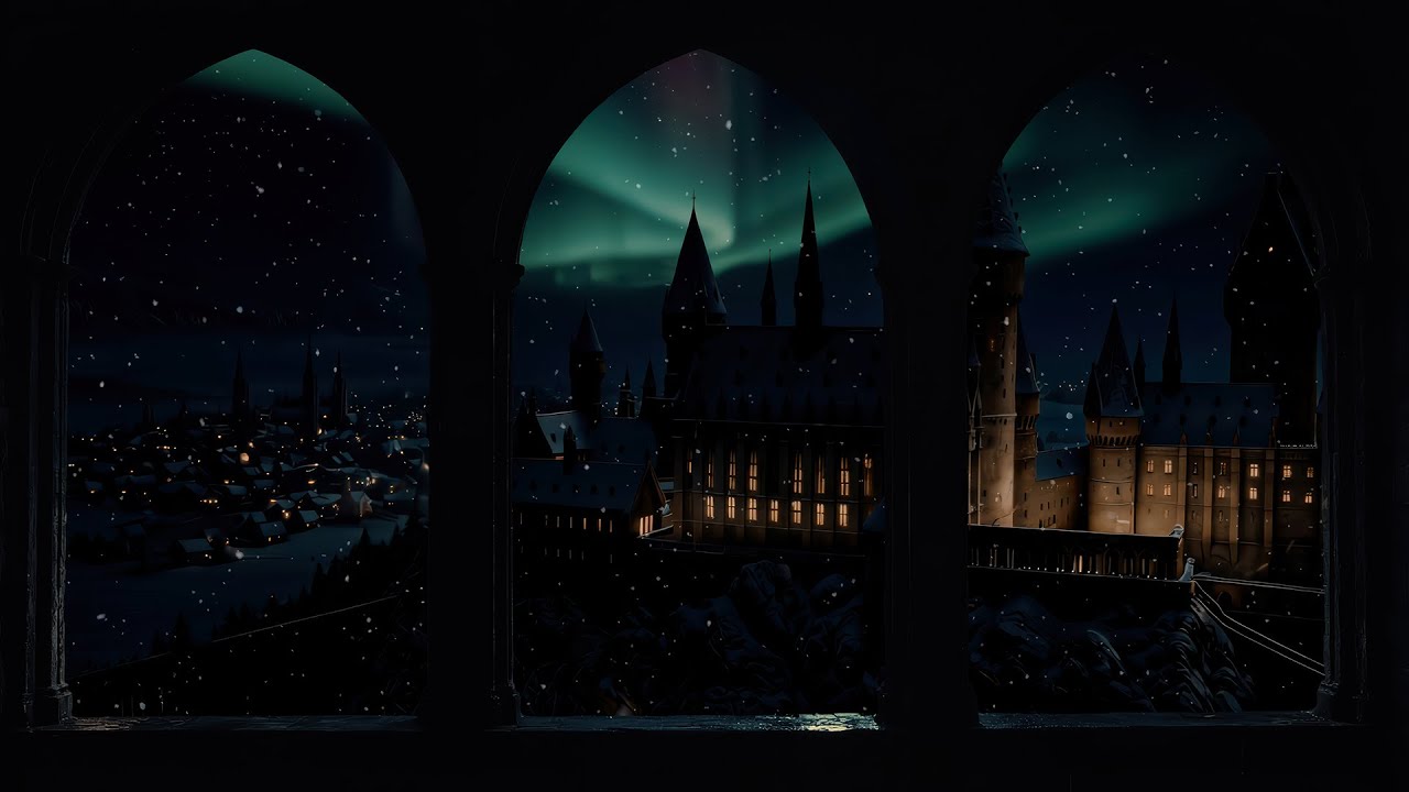 4K Hogwarts Aurora Night Window – Snow & Wind Sounds for Sleep, Relax, Reading
