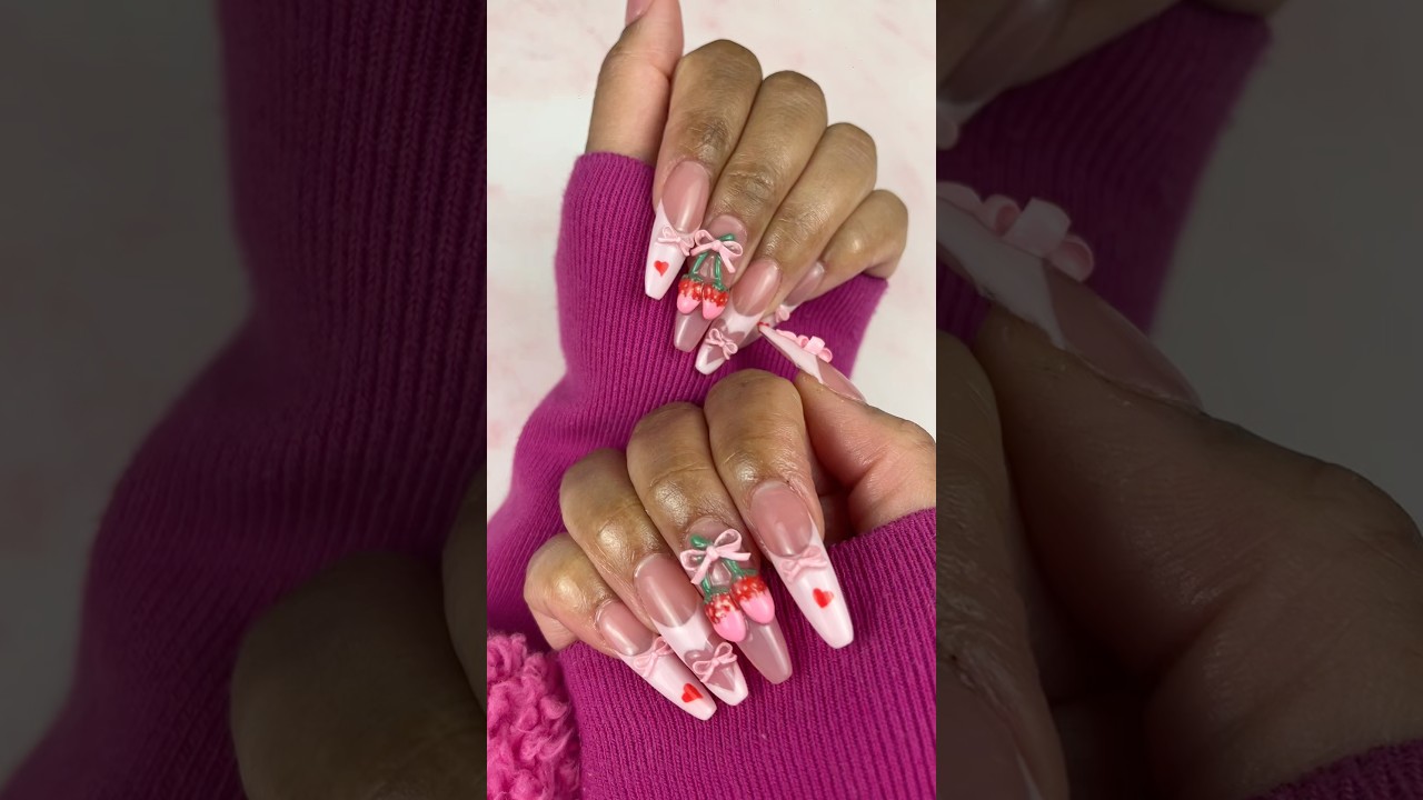 🎀 Розовые бантики + клубничные ногти🍓💅🏽 | Дизайн ногтей гель-лак #gelpolish