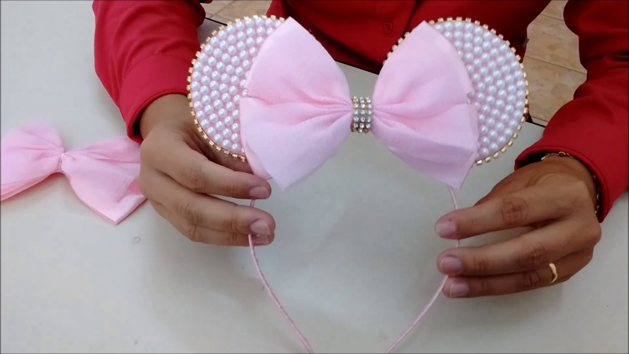 Tiara e faixa de bebê da Minie cor de rosa com pérola - DIY