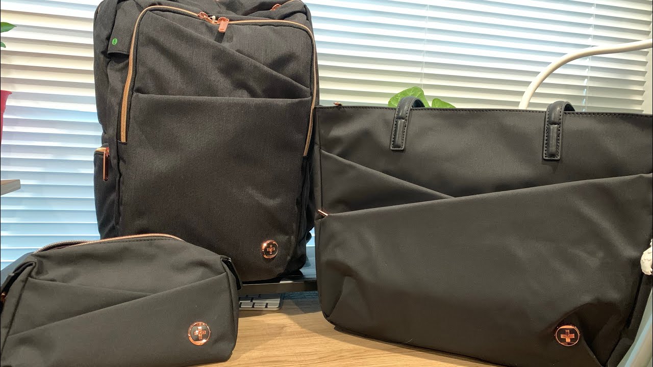 New work bags/Swiss Digital Tote, Cosmetic bag, and Backpack.