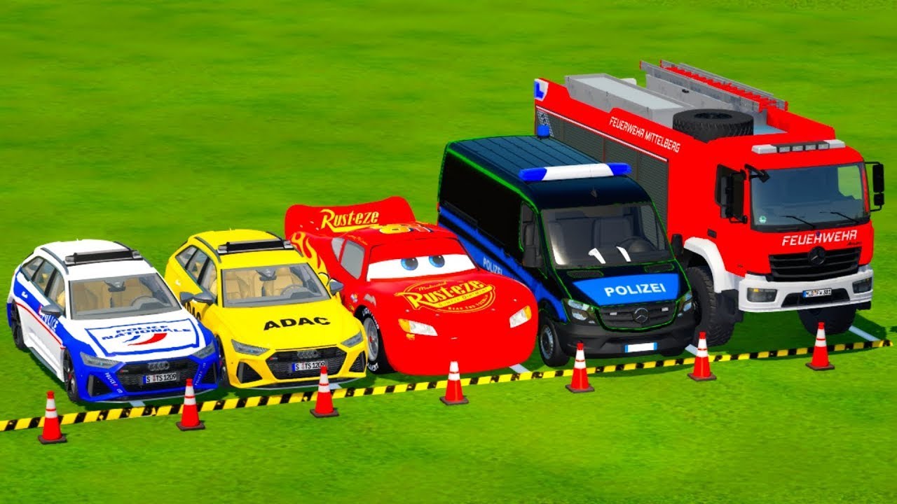 DACIA, MCQUEEN CAR, FORD POLICE CARS, AMBULANCE EMERGENCY TRANSPORTING WITH TRUCKS ! FS22 0128 wwwa