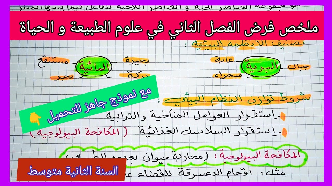 ملخص فرض الفصل الثاني في مادة علوم الطبيعة و الحياة السنة الثانية متوسط مع نموذج جاهز للتحميل 👇