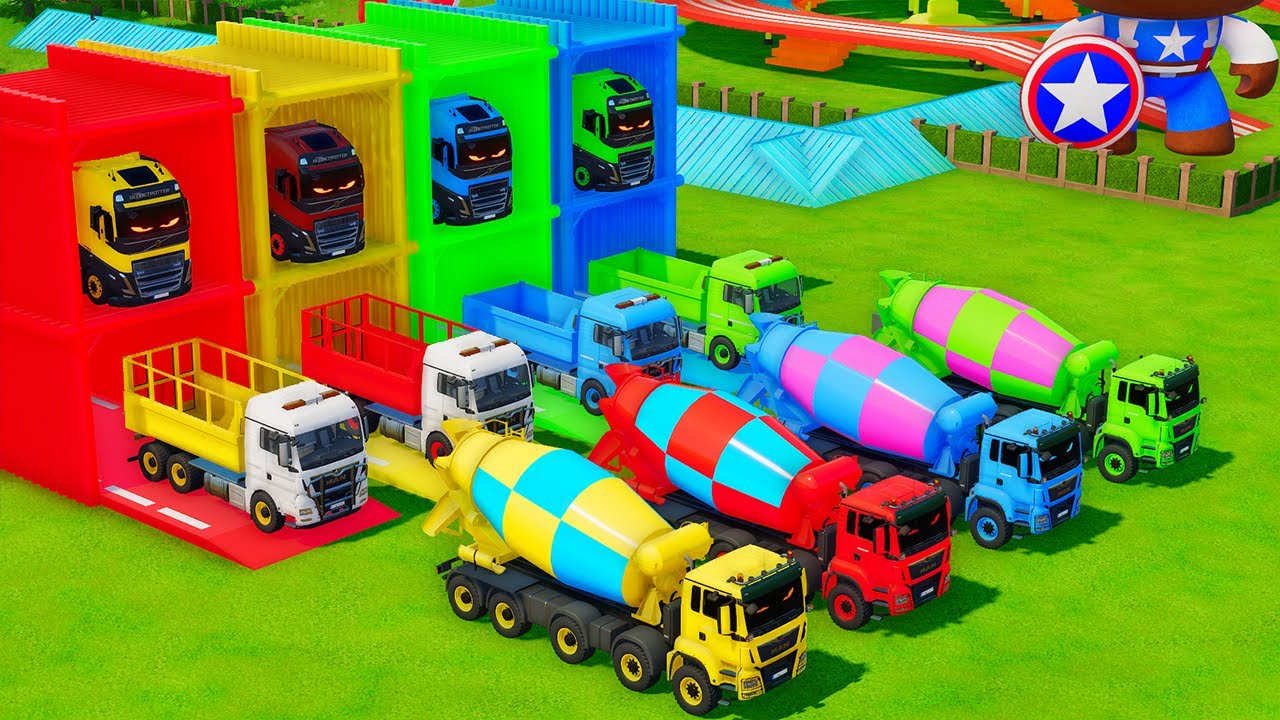 Garage with Colors - ALL MIXER TRUCK WITH DOUBLE FLATBED TRAILER TRUCK, SCANIA, WESTERN STAR, IVECO