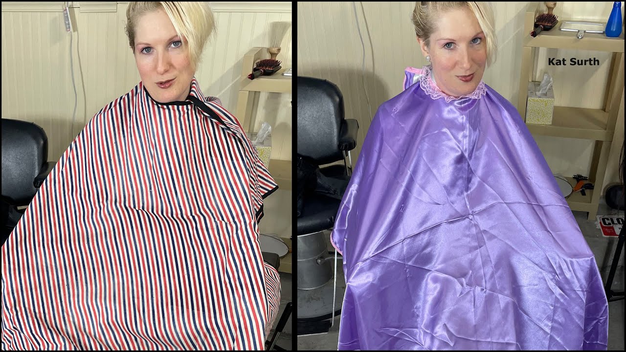 Hubby caping me with my new handmade barber and satin salon capes