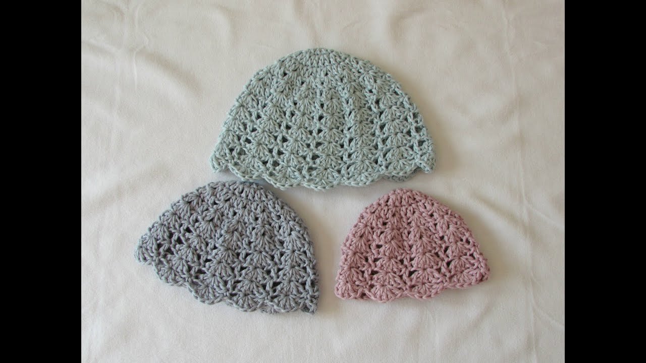 How to crochet an easy shell stitch hat - all sizes (baby to adult)