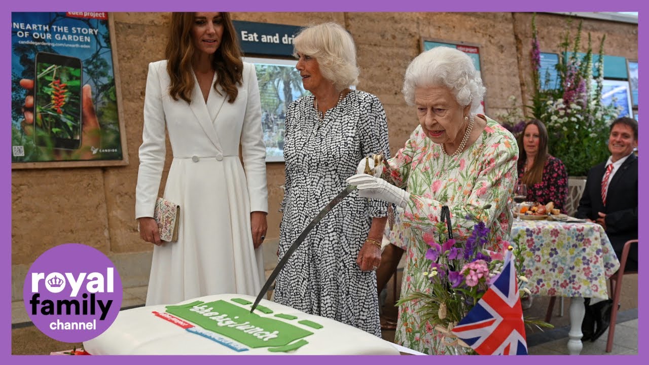 The Queen Uses Enormous Ceremonial Sword to Cut Royal Birthday Cake at Eden Project