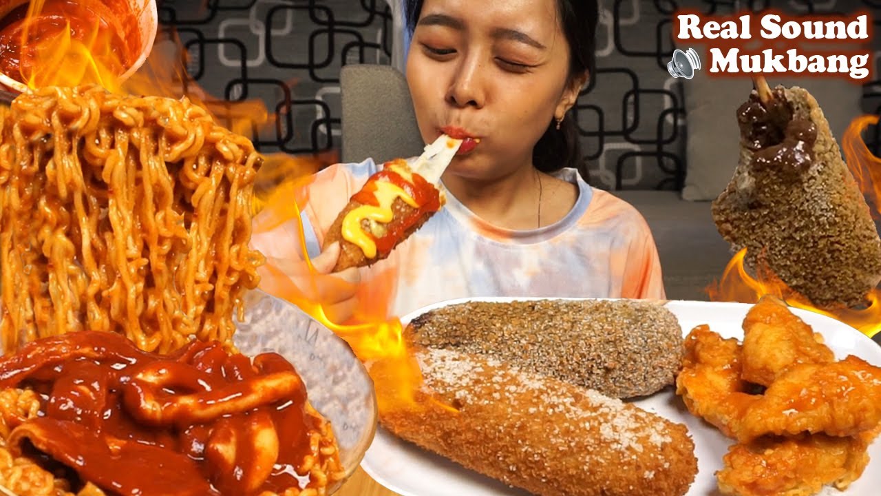 Real Sound Mukbang SUPER Spicy Noodles, Fire Fried Chicken, & BEST Corn Dog 🔥🔥 | Eating Sounds ASMR
