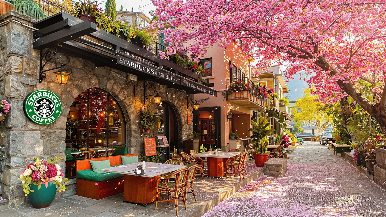スターバックスジャズ𝐁𝐆𝐌🌸桜並木のカフェ通りで始まる穏やかなの朝｜春のジャズとボサノヴァ・ピアノ &mdash; リラクゼーションのために「広告なし」・癒し - starbucks coffee shop