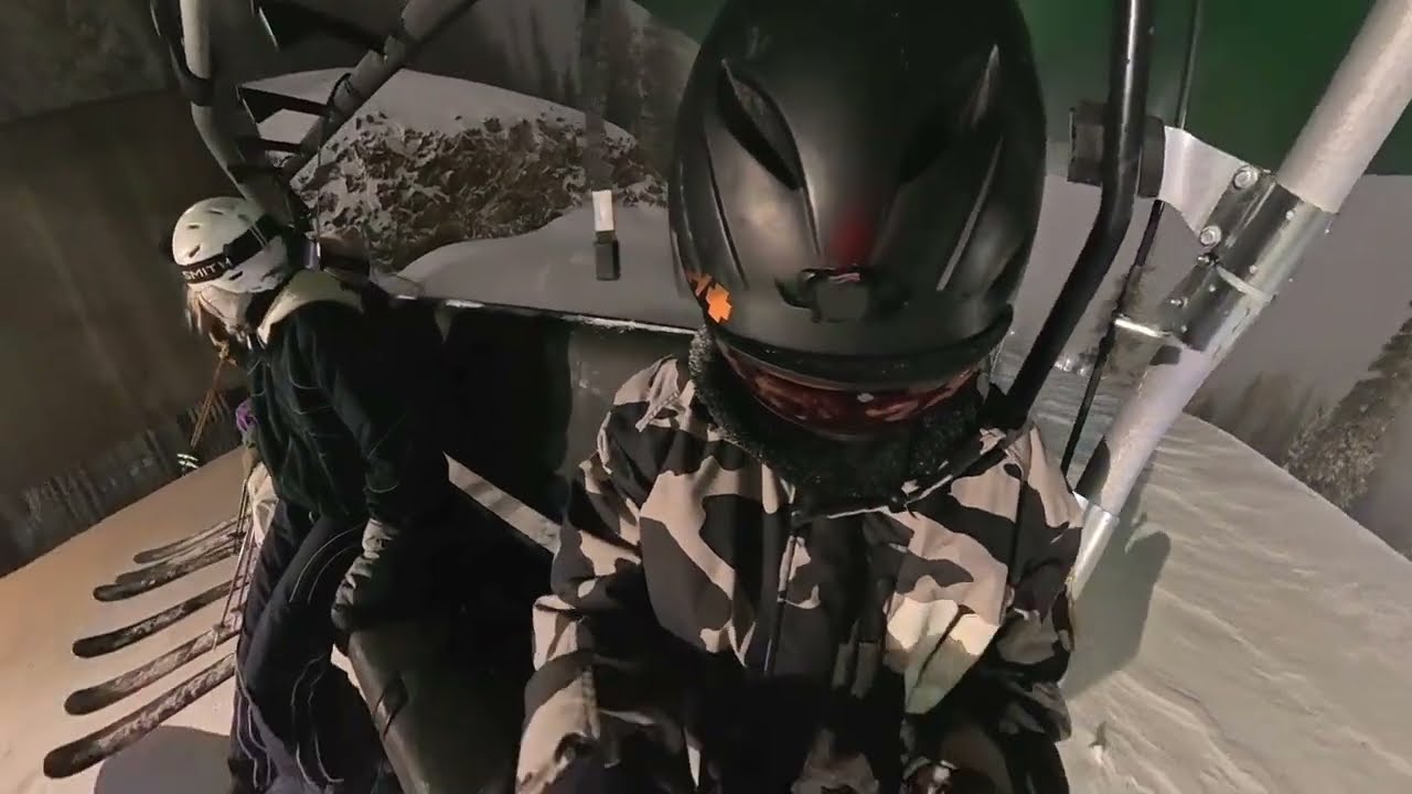 Top to Bottom at Night - Second Run - Glowing Snowboarding Crest Lift at Brighton Resort