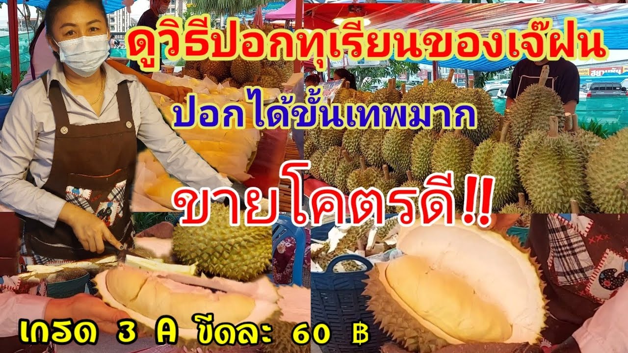 คนแห่ซื้อ!!ทุเรียนหมอนทอง ระยอง!!ร้านเจ๊ฝน วันนี้ขาย1ตันกว่าๆวันเเรงงาน ลีลาการปอกขั้นเทพมากๆ
