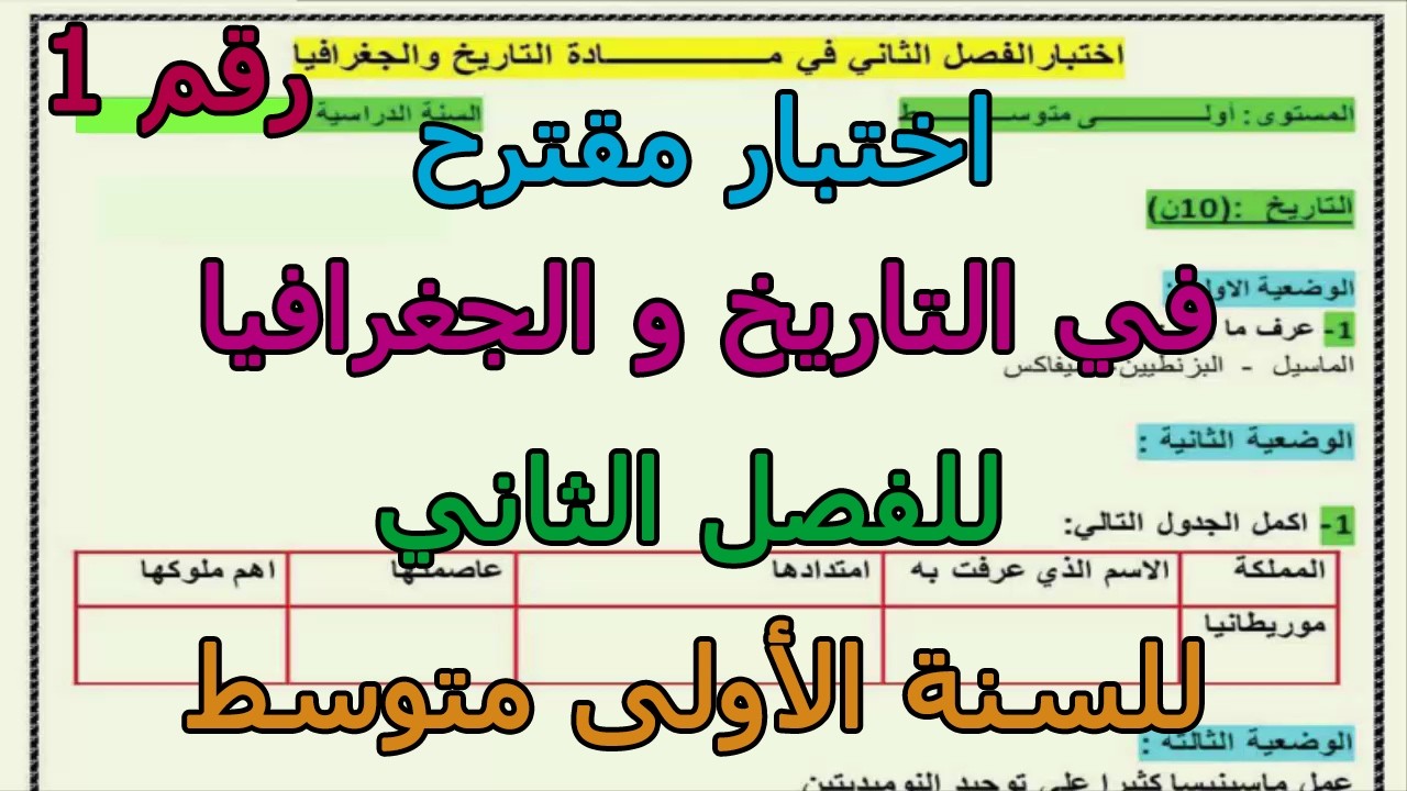 إختبار مقترح (رقم 1) في التاريخ و الجغرافيا للفصل الثاني للسنة الأولى متوسط 2026