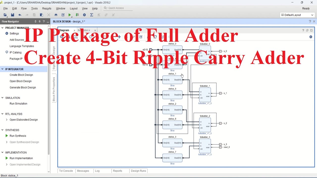 4-Bit Ripple Carry Adder Block Design in Vivado.
