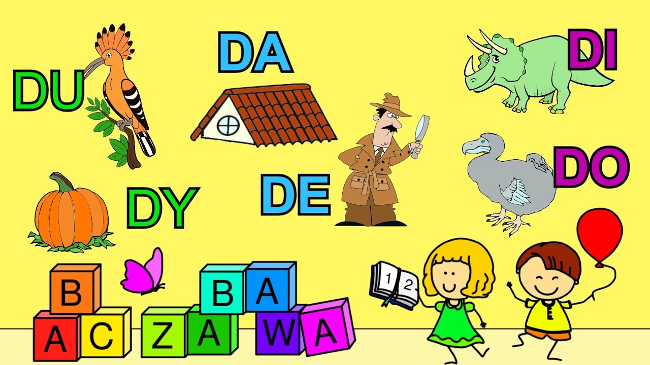Nauka czytania sylab DA, DE, DI, DO, DU, DY - czytanie sylabowe - lekcja 3 dla dzieci. AbcZabawa