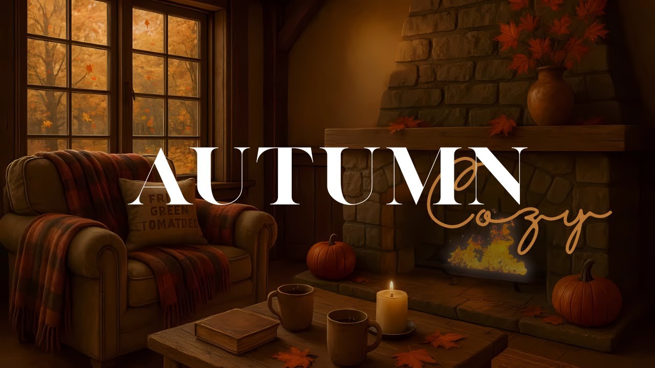 Cozy Autumn Evening 🍂🍊🧡 Crackling Fireplace, Falling Leaves & Rain