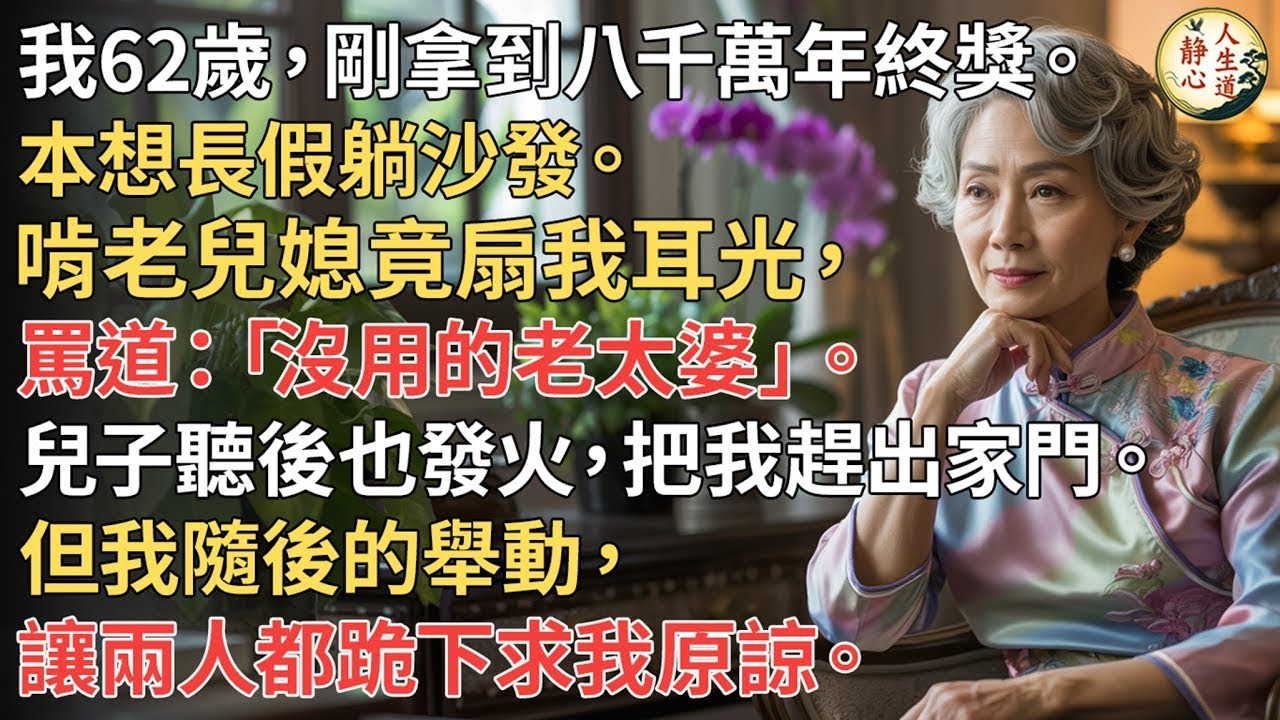 【我62歲】剛拿到八千萬年終獎。本想長假躺沙發。啃老兒媳竟扇我耳光，罵道：「沒用的老太婆」。兒子聽後也發火，把我趕出家門。但我隨後的舉動，讓兩人都跪下求我原諒。