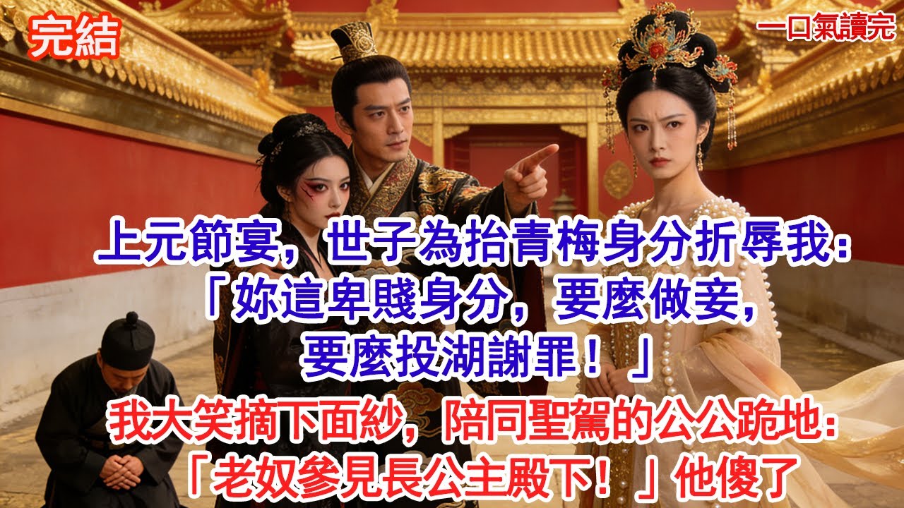 上元節宴，世子為抬青梅身分 折辱我：「妳這卑賤身分，要麼做妾，要麼投湖謝罪！」我大笑摘下面紗，陪同聖駕的公公跪地：「老奴參見長公主殿下！」他傻了#古風#追妻火葬場#愛情#小說