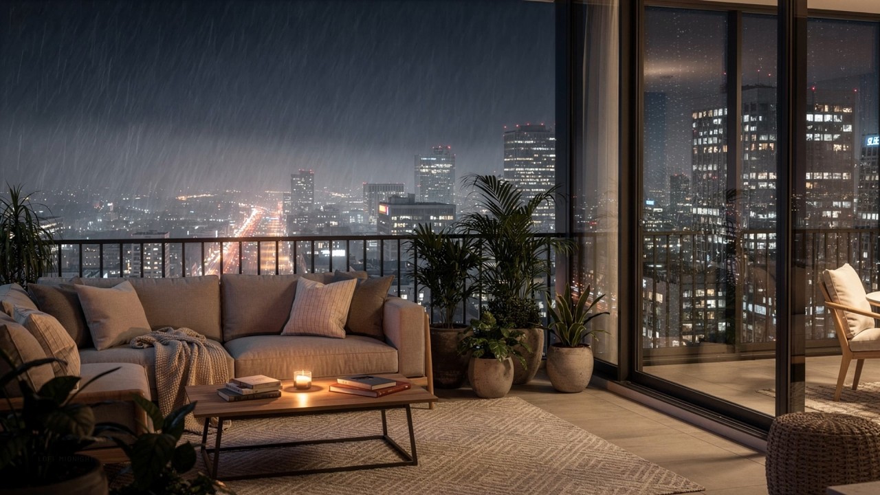 Rainy Night Balcony 🌧️ Relaxing Lofi Beats for Deep Focus, Study & Sleep | Night City Ambience