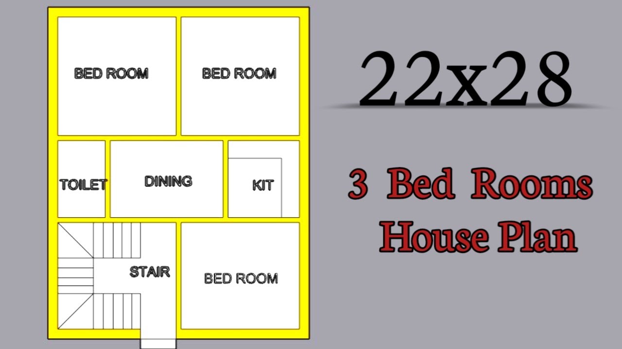 3 Bed Rooms House Plan || 22x28 home design ||600 sqft building plan || 22*28 Makan Ka Naksha