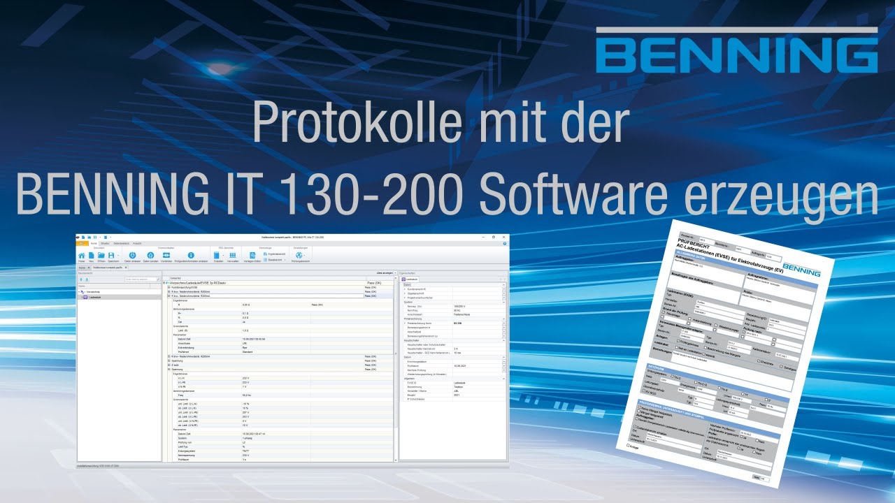 Erstellung eines Prüfprotokolls Wallbox/EV-Ladestation mit der Software BENNING PC-Win IT 130-200