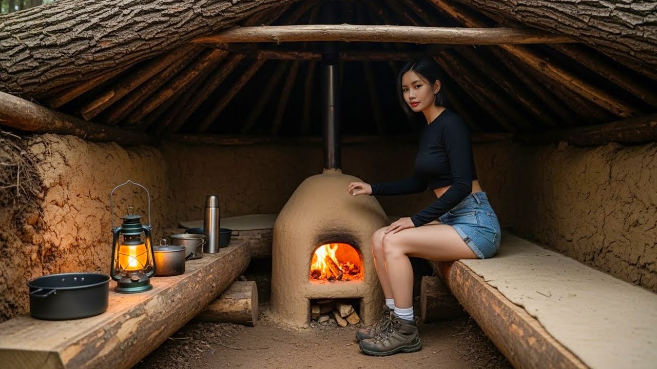Young girl Builds a Bushcraft Fireplace Under Warm Shelter for Survival - Clay Oven, Wooden stove