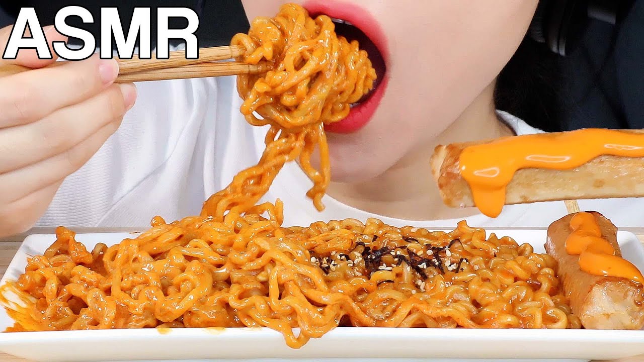 ASMR Creamy&Cheesy Fire Noodles 크림불닭볶음면, 핫바 먹방 Eating Sounds Mukbang