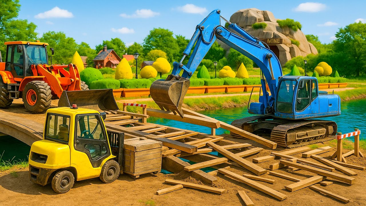 Construction Works: Excavator and Loader Build a Wooden Bridge!