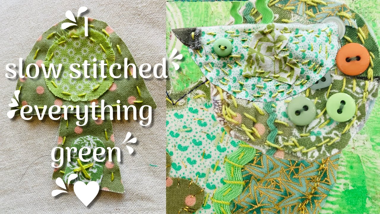 #slowstitch sewing only Green whimsical hearts birds mushrooms fabric scraps