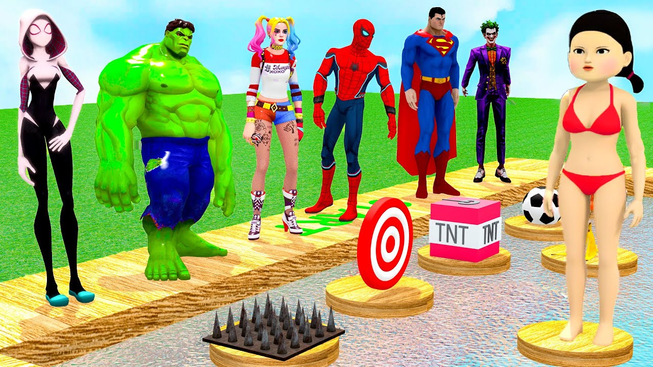 Super Hero 3D vs Squid Game Overcome Obstacles  to Rescue Squid Girl Doll 5 Time Challenge