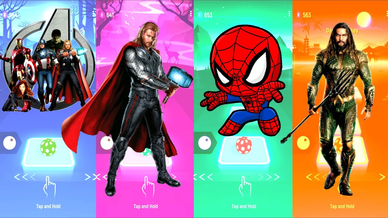 Avengers 🆚 Thor 🆚 Spiderman 🆚 Aquaman | Marvel Heroes | Tiles Hop Fun Ball