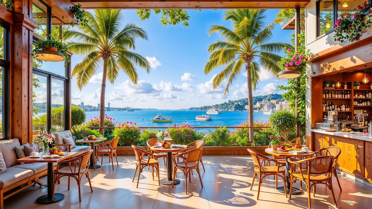 Spring Morning Seaside Coffee Shop ☀️🌴 | Smooth Jazz & Ocean Ambience for Work, Study & Relax
