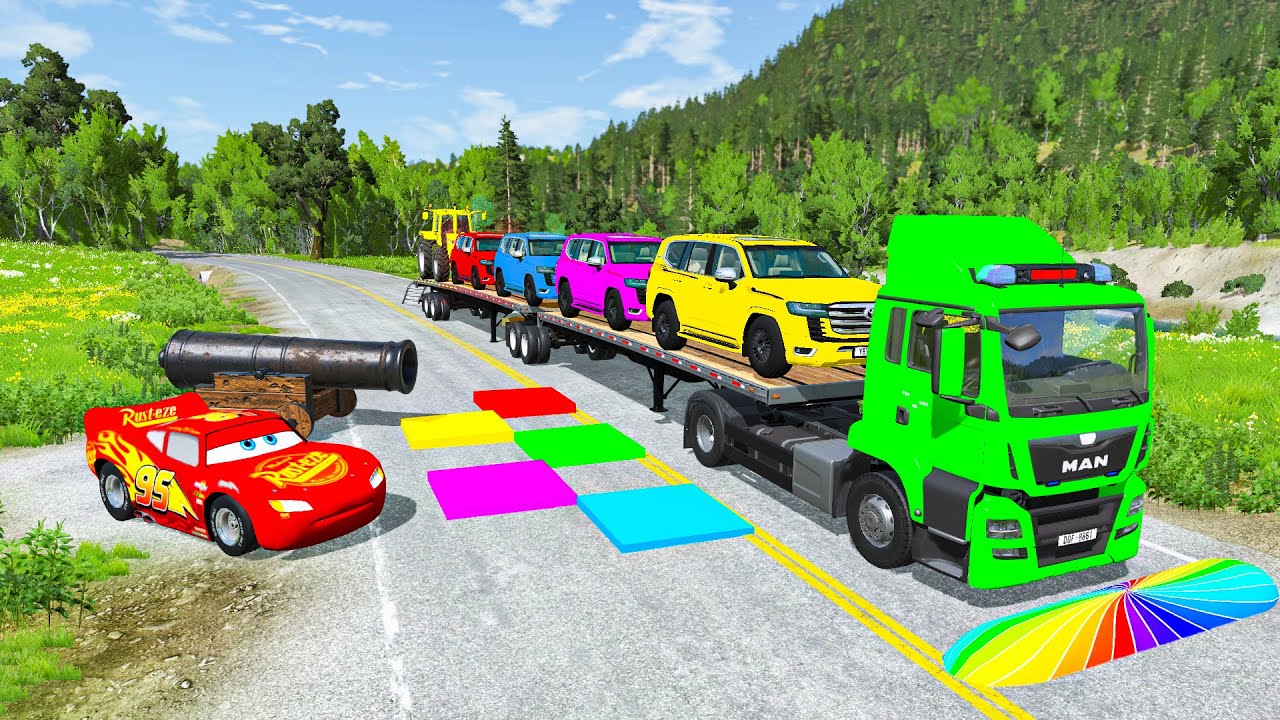 Flatbed Truck McQueen | Transportation with Truck - Pothole vs Car #5 | BeamNG.Drive
