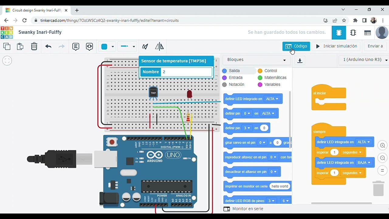 sensor de temperatura con arduino y tinkercad programación gráfica