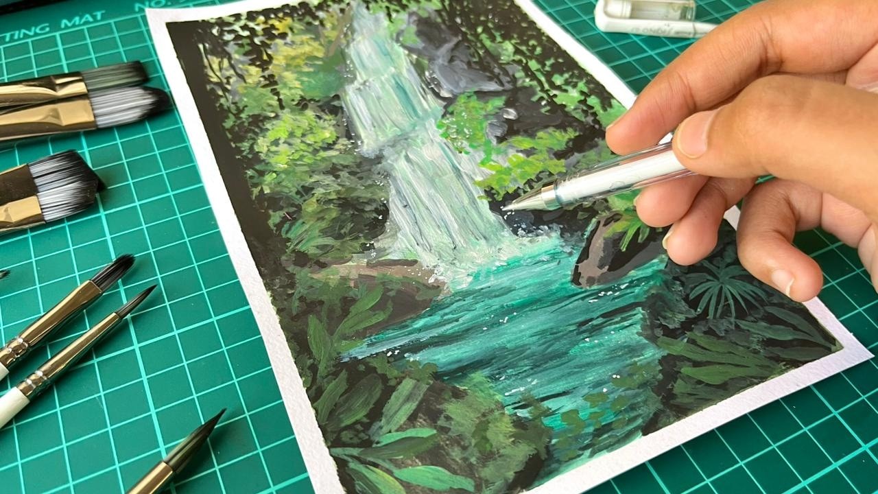 How I painted this lush waterfall 🌿🌊 | Gouache Process